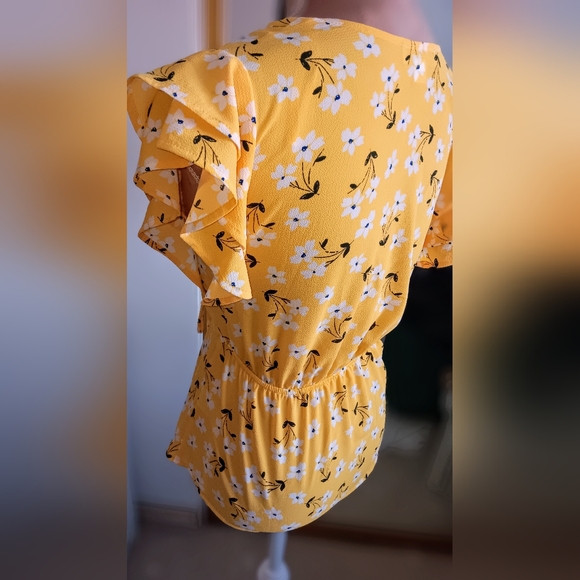 Monteau-Yellow Floral Ruffle Sleeve Faux Wrap Tie Blouse - Picture 3 of 10